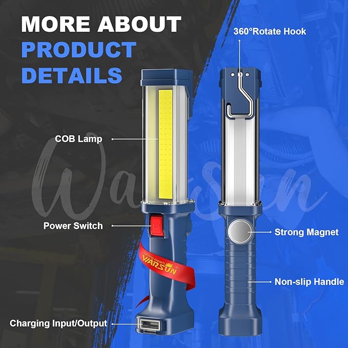 WARSUN LED Work Light Rechargeable, Portable Mechanic Trouble Light with1200 Lumens, COB worklight Magnetic Base, Cordless Floodlight for Car Repair, Camping, Hiking, 30w