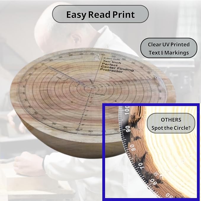clearly printed 10" circle center finder tool, protractor, and circle maker tool and compass for woodworking and wood turning. Find the center of timber or dowel with our center finder ruler.