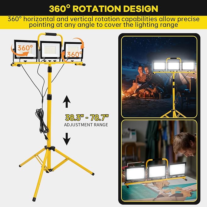 30000 Lumen LED Work Light with Stand, 3 Adjustable Head Portable Work Light with 324 Super-Powerful LED Lamp Beads and 16.4FT Cord, Waterproof Tripod Work Lights with 6500 Kelvin Color Temperature