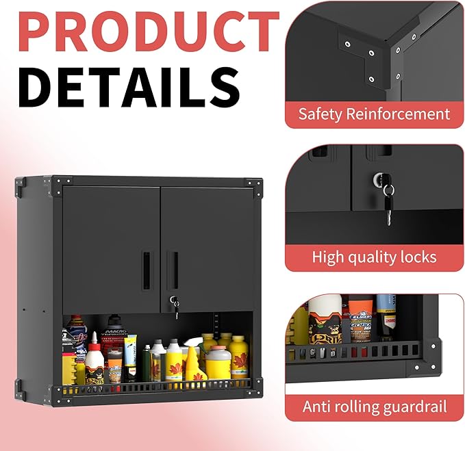Garage Wall Cabinet Metal Storage Cabinet with Lock Wall Mounted Heavy Duty Steel Tool Cabinet with Door and Shelf Hanging Cabinet for Garage Warehouse Bathroom Kitchen,Assembly Required