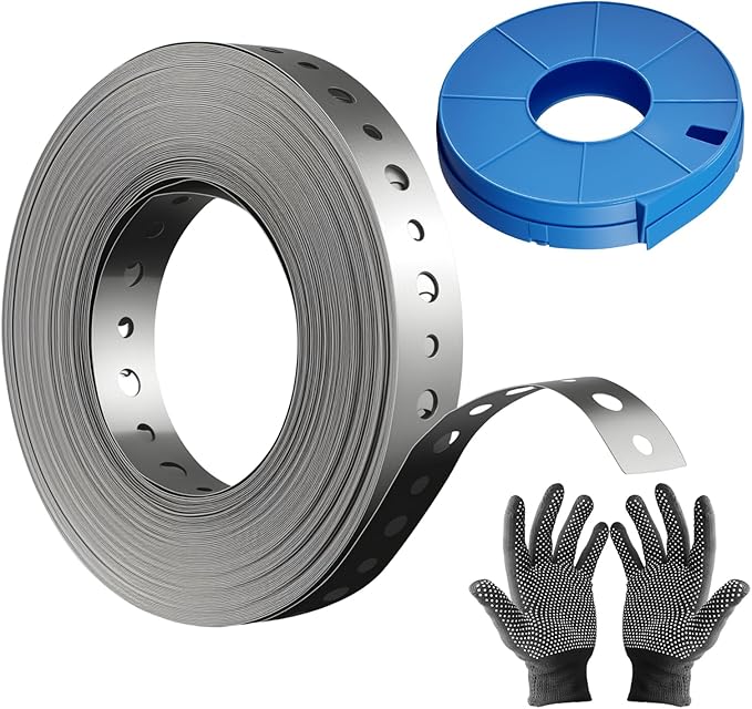 Galvanized Metal Pipe Strap 3/4" x 100 FT, 32-Gauge - Metal Hanger Strapping with Holes for Pipe Support, Flexible Trimming | Includes Storage Case & Gloves