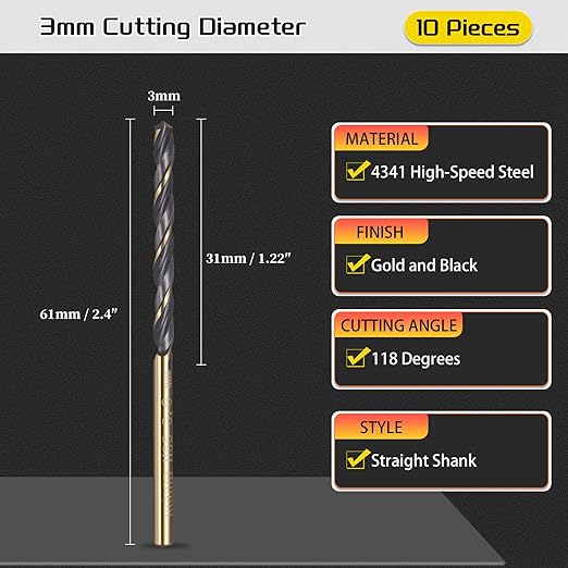 Drill Bit, 3mm Cutting Diameter, 4341 HSS Gold and Black 118° Cutting Angle Number Jobber Bits - (Applications: for Drilling Soft Metal Plastic Wood), 10-Pieces