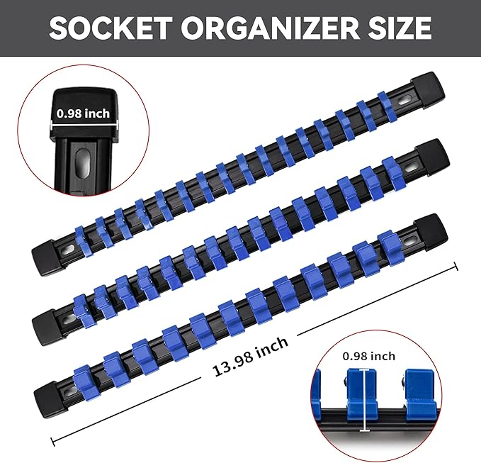 Socket Organizer Drive ABS Tools - Blue Socket Holder, Premium Quality 9 Pieces Socket Holders Kit 1/4-Inch x 48 Clips, 3/8-Inch x 45 Clips, 1/2-Inch x 36 Clips