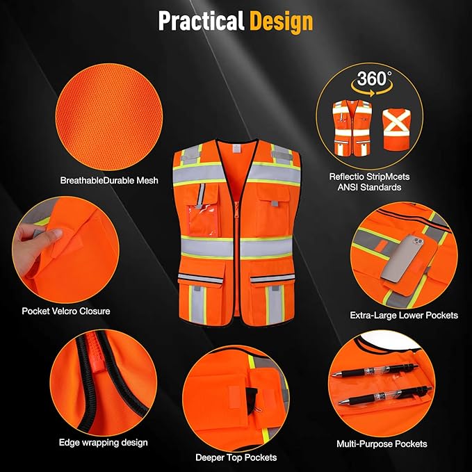 Class 2 Safety Vest with Zipper Front and multiple Pockets, High Visibility Vest, Meets ANSI/ISEA Standards
