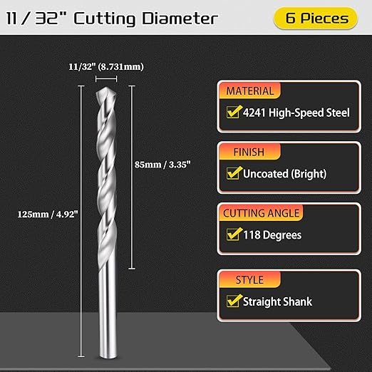 Drill Bit, 11/32" Cutting Diameter, 4241 HSS 118° Cutting Angle Uncoated Bright Versatile Jobber Bits - (Applications: for Drilling Plastic Wood Soft Metal), 6-Pieces