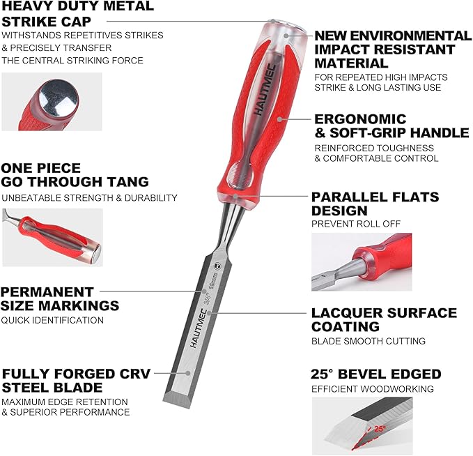 HAUTMEC 3/4" Wood Chisel – High-Impact Drop-Forged CRV Steel, Fully Polished Beveled Edge Blades, Heavy-Duty Strike Cap & Extended Anti-Skid Handle – HT0361
