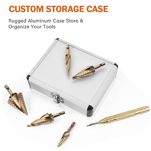 KENDO Two Spiral Flute Cobalt Step Drill Bits with Automatic Center Punch, 5PCS M35 High Speed Steel Unibit Step Bits, Total 50 Sizes, 1/4" Hex Shank, Ideal for Metal, DIY Lovers with Aluminum Case