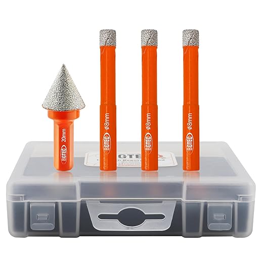 Dry Diamond Drill Bit Set - BGTEC 3pcs 5/16" 8mm Hole Saw and 1pc 4/5" Dimaond Chamfer bit for Granite Marble Porcelain Ceramic,Vacuum Brazed Diamond Core Drill Bit Kit