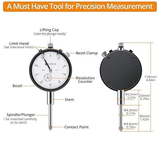 Neoteck 1"/0.001" Dial Indicator,Dial Indicator Gauge Full Metal Construction High Precision Tool for Lathe,Table Saw,Workshop and CNC Machining and Automotive Brake Caliper