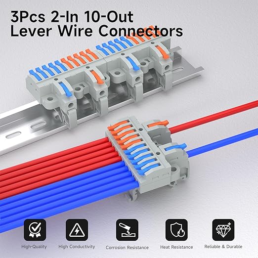 3Pcs Lever Wire Connectors, 2 in 10 Out, Push-in, 4-2.5 mm² Quick Wiring DIN Terminal Blocks, 36Pcs Wire Ferrules Terminals & 6.89 Inch DIN Rail Included