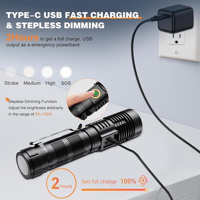 Rechargeable Tactical Flashlights High Lumens - 1500 Meters Long Beam Super Bright LED Magnetic Flashlight USB Zoomable 5Modes Small Long Beam Spotlight Flashlight for Hiking, Camping