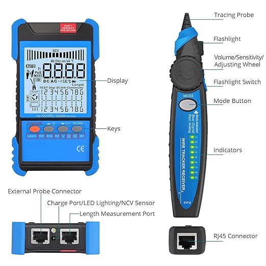 Network Cable Tester with NCV, Poe Cable Tracker Ethernet Cable Finder for Cable CAT5 CAT5e CAT6 Cat7 Cat8 Wire Tracker Test Fault Distance Location and Length Measurement for Telephone Line