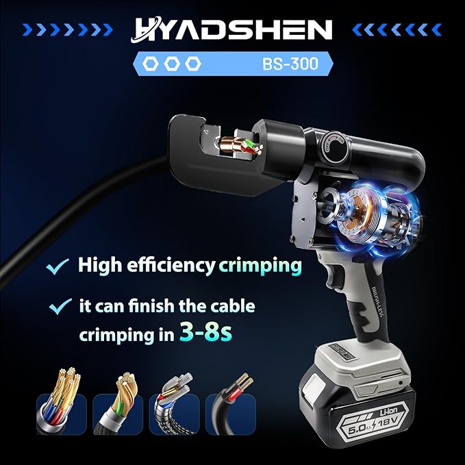Electric Hydraulic Cable Lug Crimping Tool, Hydraulic Electrical Terminal Cable Lug Wire Crimper Rechargeable Crimping Tool Kits with 8 Dies, 12 AWG to 2/0 AWG（HMQ-70）