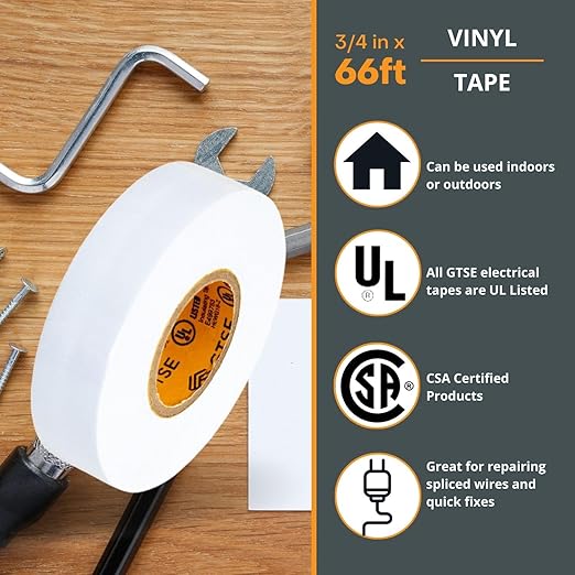 GTSE White Electrical Tape, 1 Roll – Waterproof, Industrial Grade Vinyl, 3/4 in x 66ft– Strong Self-Adhesive PVC Electric Tape for Wire Insulation, 7 Mil, 600V – UL/CSA Listed