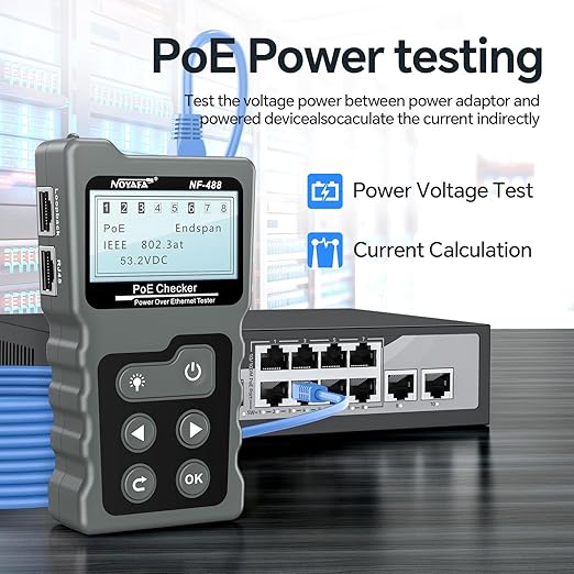 NOYAFA NF-488 POE Cable Tester for Power Over Ethernet, Network Cable Continuity Checking, Switch Loop-Back POE Detector