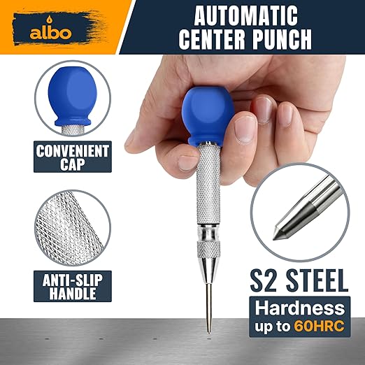 ALBO Automatic Center Punch Set – 3 Heavy Duty Spring Loaded Punch Tools for Metal, Wood, Steel – Precision Tips, Galvanized & Blackened Options, Storage Box – Ideal for DIY, Workshop & Professionals