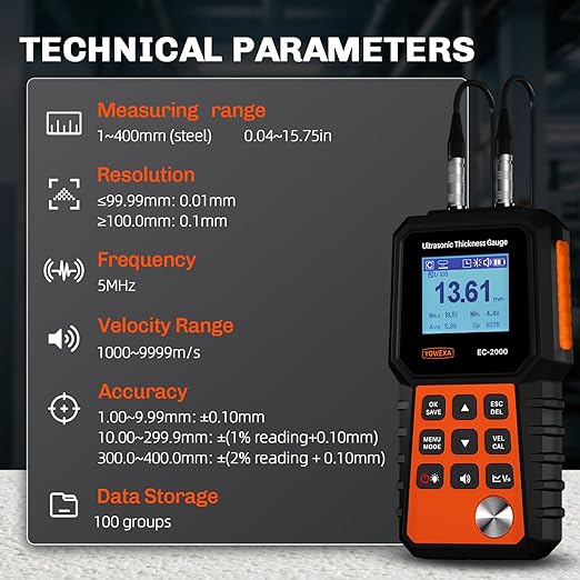EC-2000 Ultrasonic Thickness Gauge for Steel, Metals, Plastic, Glass, PVC, 0.04–15.7in (1–400mm) Range, Backlit LCD, Adjustable Sound Velocity, Data Storage, Industrial Measuring Instrument
