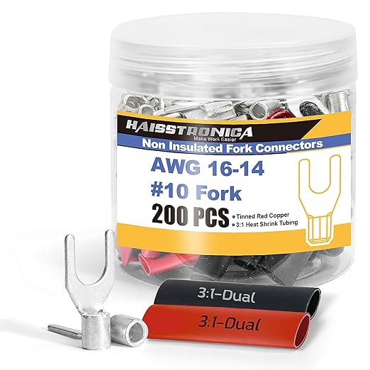 haisstronica Non Insulated Wire Connectors Kit，100pcs #10 Fork Terminals (AWG 16-14) with 100pcs 3:1 Heat Shrink Tubing for Automotive Marine，Brazed Seam Wire Crimp terminals