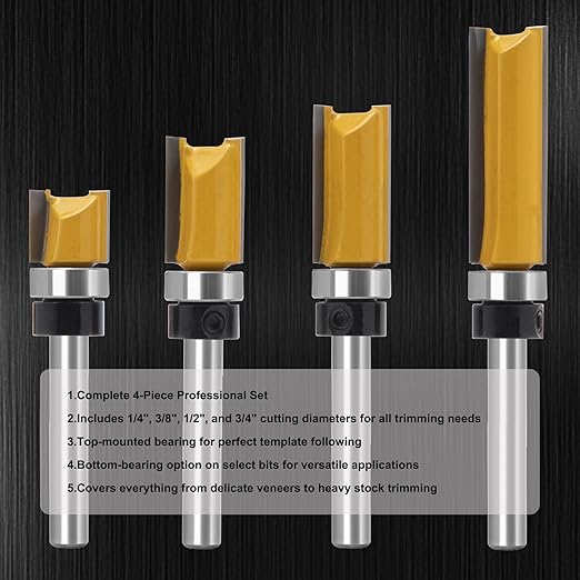 Flush Trim Router Set for Woodworking - Cabinet, Rabbeting, Tongue & Groove(Router Bit-1/4 Inch Shank-4 pcs Straight)