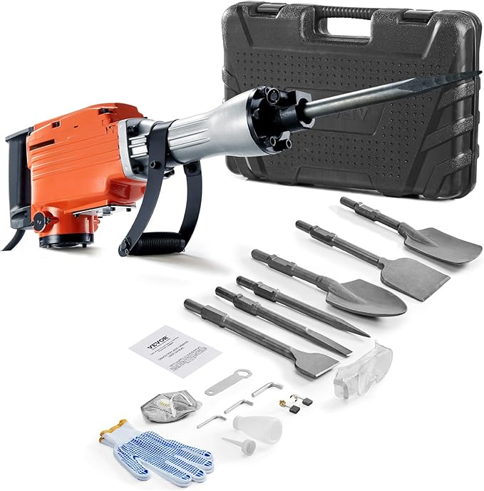 VEVOR Demolition Jack Hammer, MAX 2200W Electric Jackhammer Heavy Duty, 1350 BPM Concrete Breaker 6pcs Chisels Bit Chipping with Case