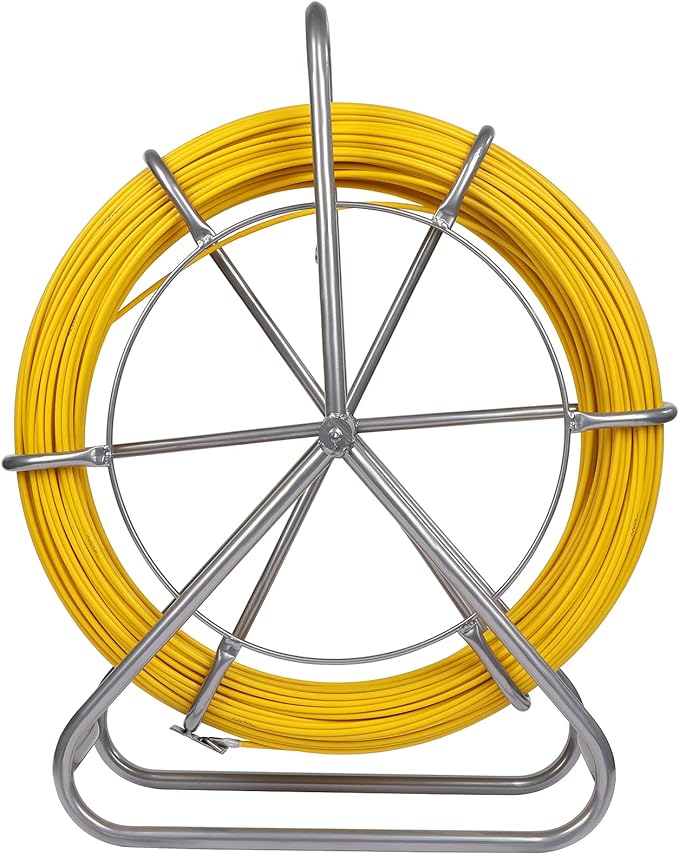 Fish Tape Fiberglass 6MM 425FT Fishing Wire Duct Rodder Cable Puller Running Electrical Fishtape Rod with Steel Wheel Stand Reel through Wall Pipe