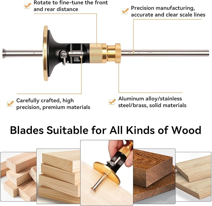 Wheel Marking Gauge, Aluminum Alloy Scriber Woodworking Mortise Parallel Scribing Tool Dovetail Scribing Gauge for Woodworking Projects, 0.2 Mm Precision, Rollable Blade