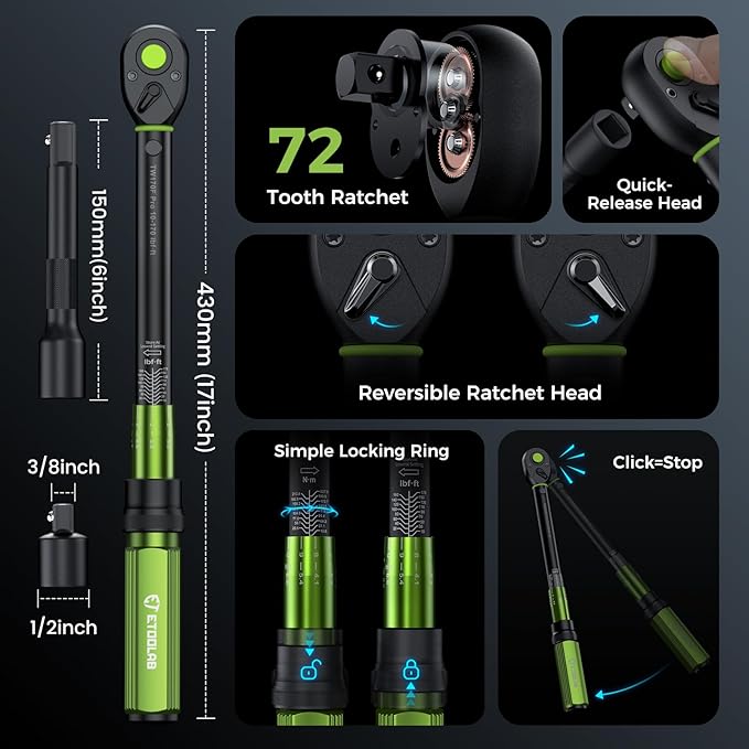 1/2 Drive Click Torque Wrench Dual-Range10-170.0ft.lb/13.60-230.5Nm3% Precision Torque Wrench, 72 Tooth Dual-Direction Adjustable for Bicycle, Moto, Car Maintenance 3 Pcs