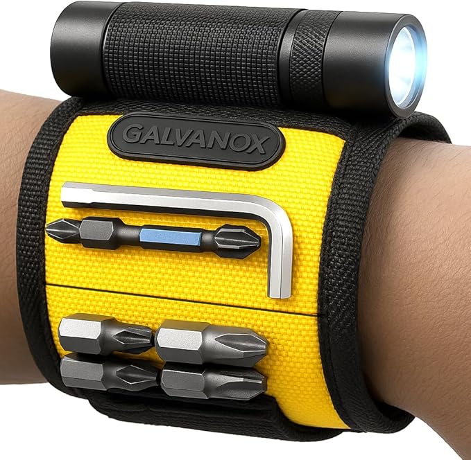 Galvanox Magnetic Wristband with Hands-Free Work Light (3-Mode) for Holding Screws Nails and Drill Bits, Durable Nylon with Powerful Magnets - Tool Gift for Men, Dad, Husband, Handyman (Yellow)