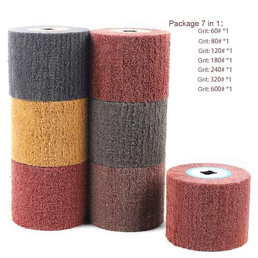 7 Pack Non Woven Wire Abrasive Drawing Polishing Burnishing Wheel Flap Brush 120mm x 100mm for Surface Treatment Stainless Steel, Aluminum, Copper, Metal, Grit: 60# 80# 120# 180# 240# 320# 600#