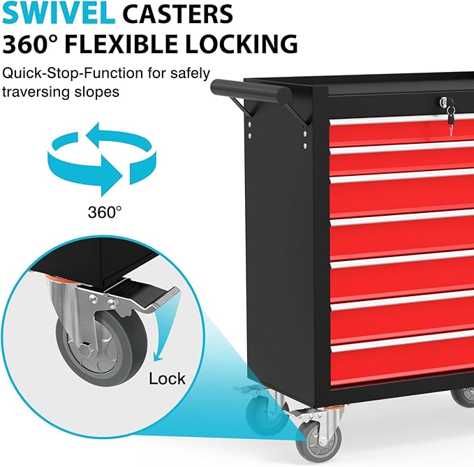 7 Drawers Metal Rolling Tool Chest, Portable Storage Rolling Tool Box, Toolbox on Wheels for Warehouse, Garage, Repair Shop and Tool Room