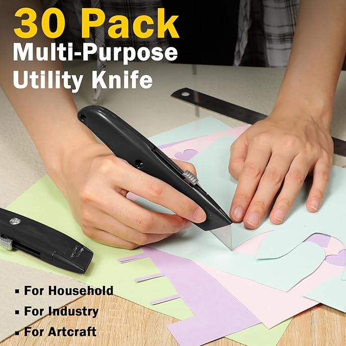 Reginary 30 Pcs Box Cutter Bulk Retractable Blade Utility Knife Heavy Duty Aluminum Alloy Razor Shell Knife for Cartons, Cardboard and Boxes, DIY, Factory, Home(Black)
