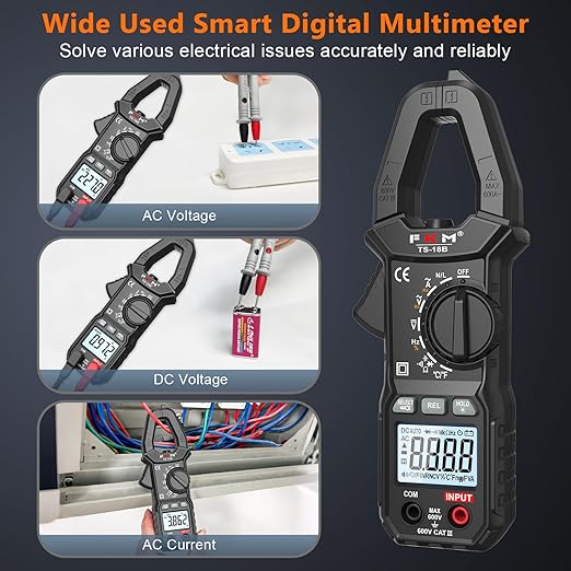 FKM Digital Clamp Meter Multimeter Tester TRMS 6000 Counts Auto-ranging Amp Voltage Tester,for AC Current,AC/DC Voltage,NCV Detection,Resistance,Capacitance,Continuity,Hz/Duty Cycle,Diode,Temp Test
