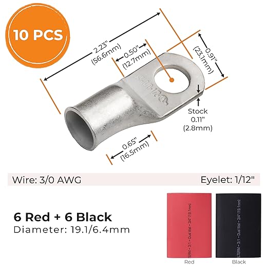SELTERM 10pcs - 3/0 Awg - 1/2" Stud - Battery Lugs - Ring Terminal Connectors with 12pcs 3:1 Black & Red Heat Shrink Tubing with Adhesive | Heavy Duty Battery Cable Ends - Tinned Copper Wire Lugs Kit