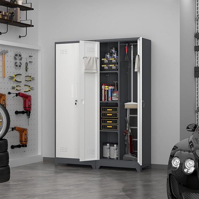 Broom Storage Cabinets, 65" Tall Broom Closet with Hanging Rod, Utility Closet Storage Cabinets with Doors and Shelves, Cleaning Tool Cabinet for Utility Room, Bathroom