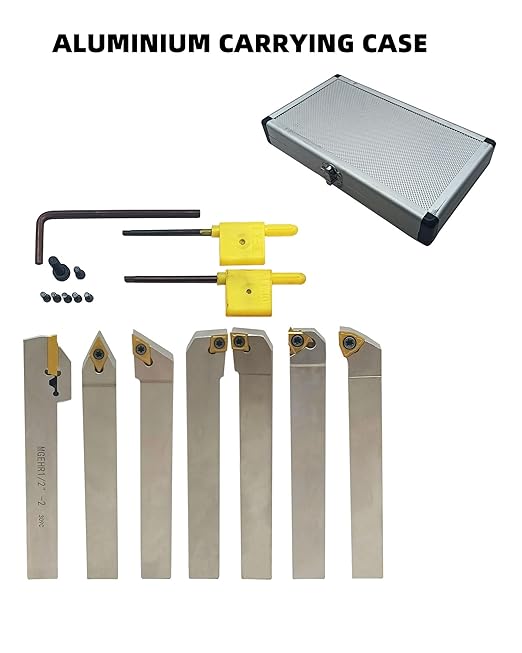 GBJ 1/2'' 12mm Shank Indexable Lathe Turning Tools kit 7Pcs Tools Holder Set with 7Pcs Inserts for Turning/Grooving/Threading Processing Steel or Stainless
