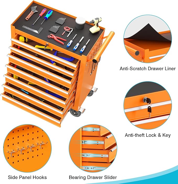 7 Drawers Rolling Tool Chest, Portable Storage Tool Box with Wheels, Tool Chest with Lock for Warehouse, Garage, Repair Shop and Tool Room
