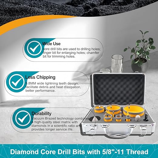 Diamond Tile Hole Saw Kit 12pcs - Diamond Core Drill Bits 6/6/8/19/25/35/50/75/102mm for Tile Porcelain Ceramic Marble with 20mm Finger Bit and 50mm Chamfer Bit Trimming Holes and SDS Adapter