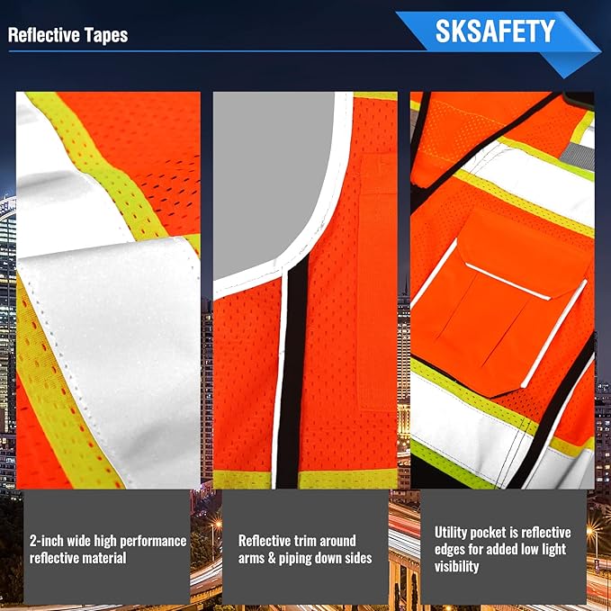 SKSAFETY 10 Pockets Professional level Safety Vest, Class 2 High Visibility Security Vest with Zipper, Hi Vis Vest with Reflective Strips, ANSI/ISEA Standard, Construction Work Vest（Orange Black, 4XL）