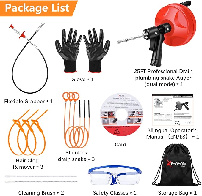25 FT Plus Double Mode Drain Snake Tools, 13-in-1 Drain Auger for Sink and Drain Unblocking, Plumbing Snake for Kitchen, Bathrom and Shower Sink, Snake for Real DYIs[Upgraded 4.0]