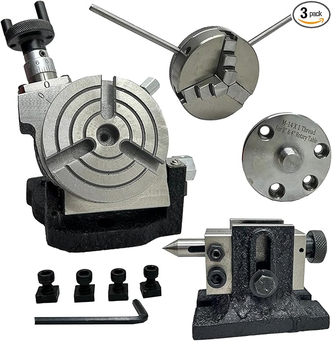 MachEl 3" Tilting Rotary Table with 65mm Self-Centering 3-Jaw Chuck, Back Plate, T-Nuts, Bolts & Tailstock - Precision Milling & Engineering Tool