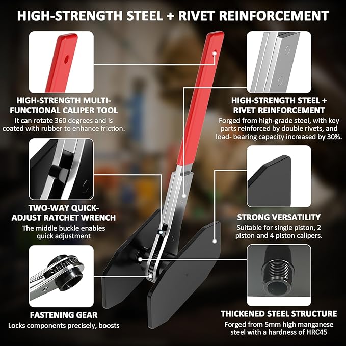 Brake Caliper Compression Tool Heavy-Duty, Caliper Piston Compressor Tool with 360 Rotating Ratche, Professional Caliper Tool Brake Pad Spreader for Car Disc Brake Repair, Single Twin Quad Piston-Red