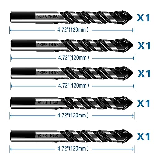 5-Piece 5/8“ Masonry Drill Bits for Tile Glass Ceramic Wall Brick Stone Soft-Metal Wood, 5/8 Inch Concrete Drill Bits Cement Drill Bit Set, 3-Flat Shank, YG8 Carbide Tungsten Steel Alloy Tip 16mm