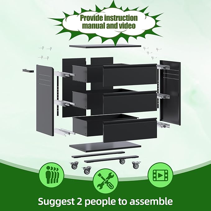 Metal Storage Cabinet with 3 Drawer and 4 Hooks,35.4" H Top Workbench Mobile Tool Chests Garage Cabinets with 4 Wheels,Tool Cabinets for Home,Office,Shop