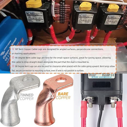 Tinned Copper Cable Lugs 10pcs 2/0 AWG-5/16 90 Degree Bent Battery Lugs,Heavy Duty Wire Lugs,Ring Terminal,00 Guage terminals,Battery Cable Ends/Terminal Connectors with 10pcs 3:1 Heat Shrink Tubing