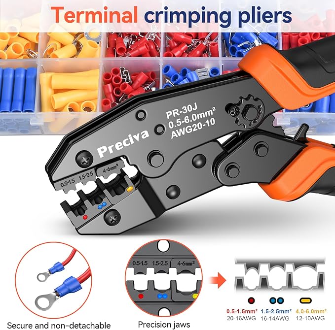 Wire Terminals Crimping Tool Kit with New Handle Design, Preciva AWG20-10 Insulated Ratcheting Crimper Tool with 370PCS Insulated Wire Connectors (USRC50371)