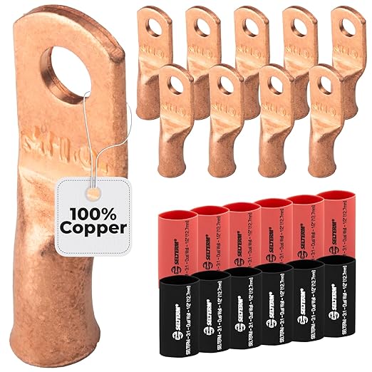 SELTERM 10pcs - 8 Awg - #10 Stud - Battery Lugs - Ring Terminal Connectors | with 12pcs 3:1 Black & Red Heat Shrink Tubing with Adhesive | Heavy Duty Battery Cable Ends - Bare Copper Wire Lugs Kit