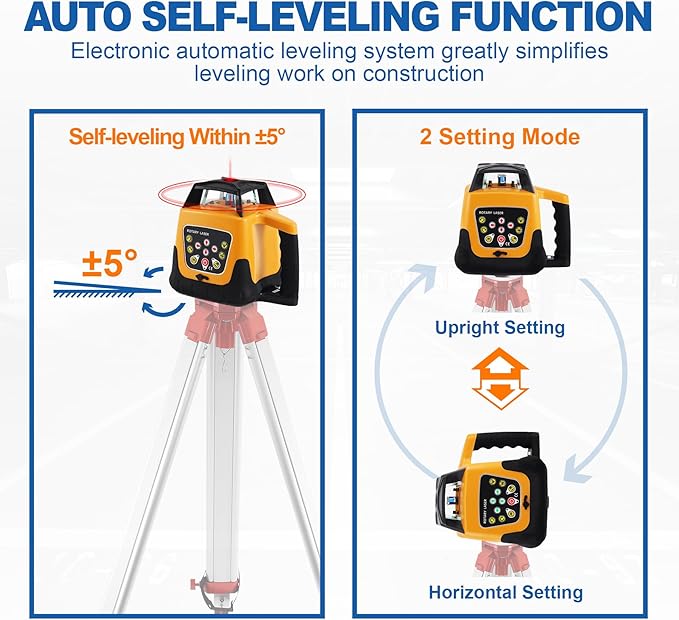 Iglobalbuy Automatic Self-Leveling Rotary Laser Rotating Horizontal & Vertical Laser Level Kit 500M w/Remote Control + Receiver, Leveling Transit Laser Level Red Beam for Construction (Rotary Laser)