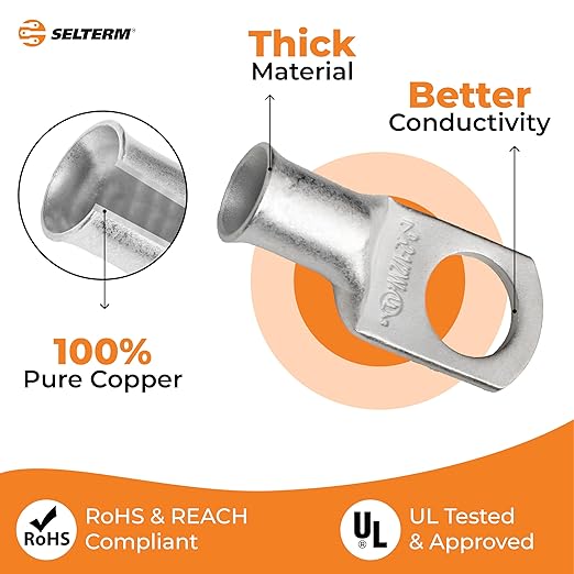 SELTERM 10pcs 2 AWG-1/2 Stud Tinned Copper Wire Lugs, Heavy Duty Battery Cable Ends,2 Gauge Ring Terminals, UL Battery Lugs Marine Grade Copper Eyelets Electrical Battery Terminal Connectors