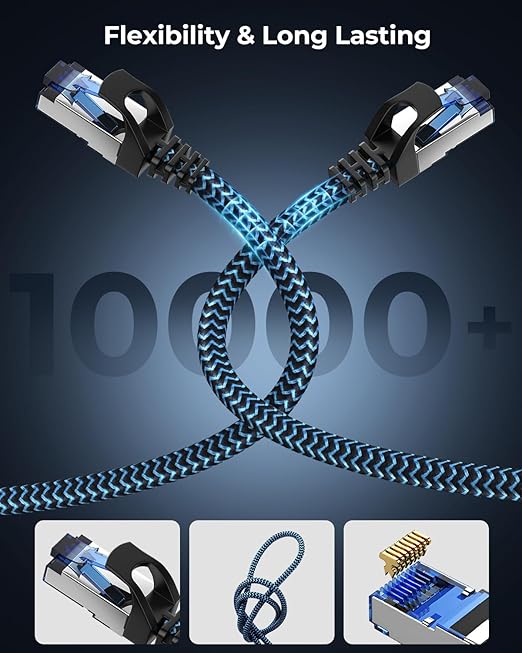 Cat8 Ethernet Cable 8 ft 1 Pack, High Speed 40Gbps 2000MHz, Braided, Blue, Compatible with Router, Modem, Laptop, PC, Gaming