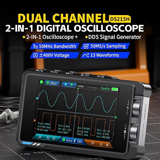 FNIRSI DS215H 2-in-1 Handheld Oscilloscope 50MHz, 2 Channel Digital Portable Oscilloscope DDS Signal Generator, 250MS/s Sampling, 1Kpts Record Length, 3.5-inch IPS Screen, Waveform Storage and Export